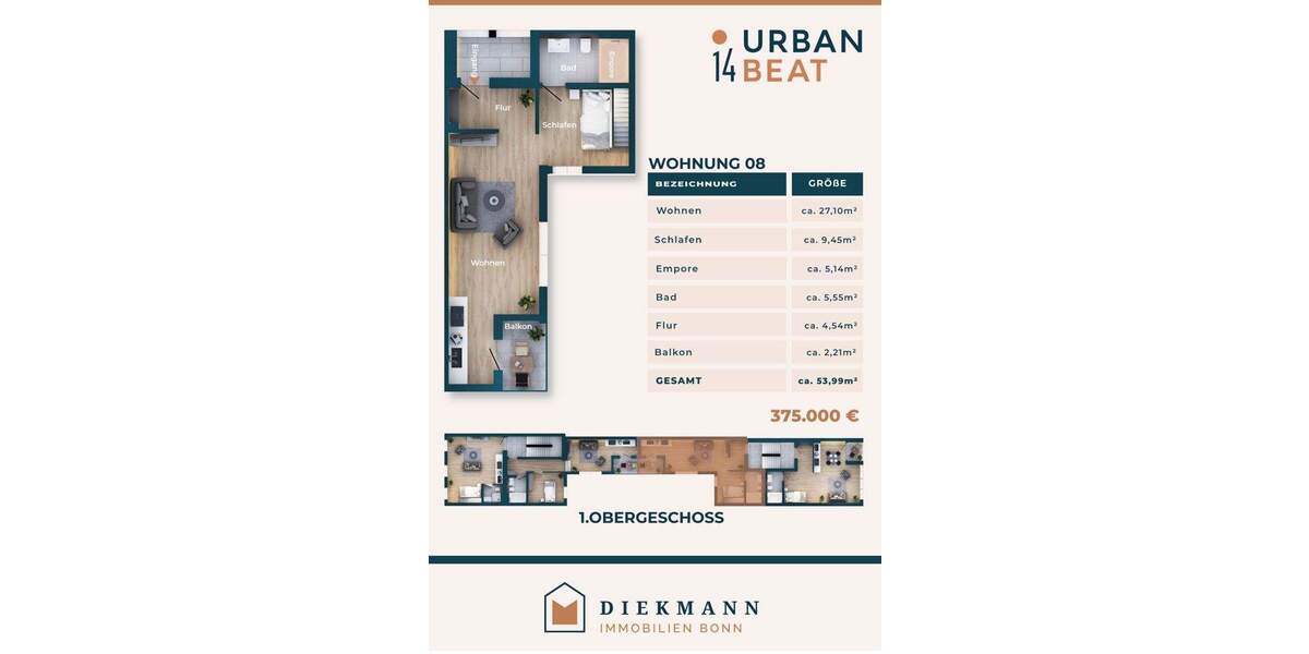 Etagenwohnung Bonn Zentrum - 2 Zimmer, 54 m&sup2;, 375.000&euro; | Angebot:25834704