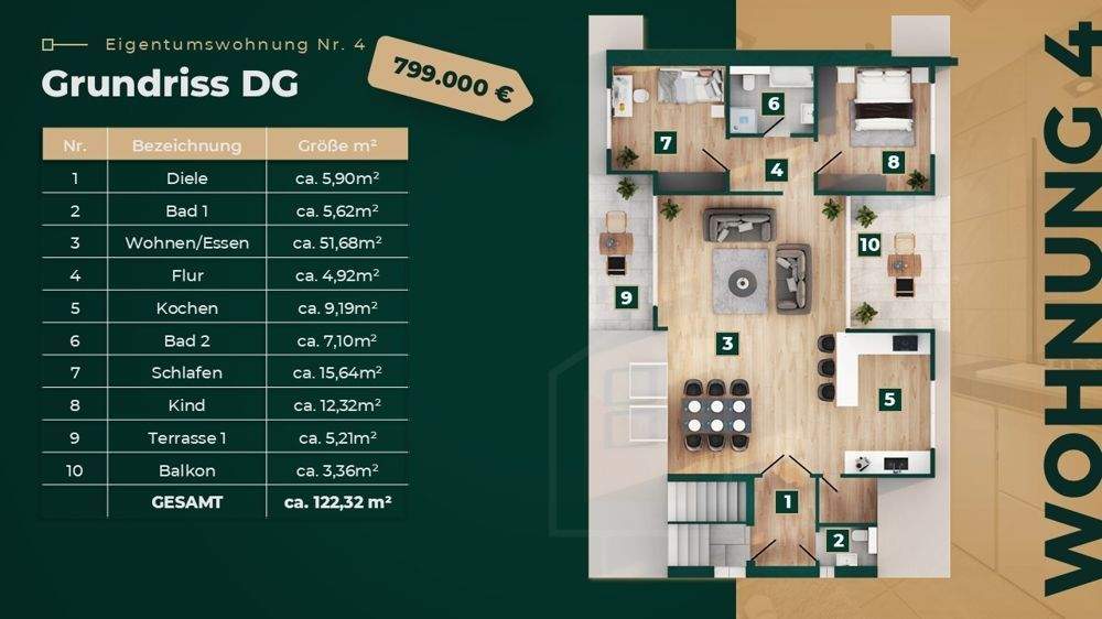 Etagenwohnung Bonn Dottendorf - 3 Zimmer, 122 m&sup2;, 799.000&euro; | Angebot:25727548
